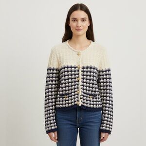 J.Crew Textured Crochet Lady Jacket Cardigan Sweater Cream Blue Size M NWT